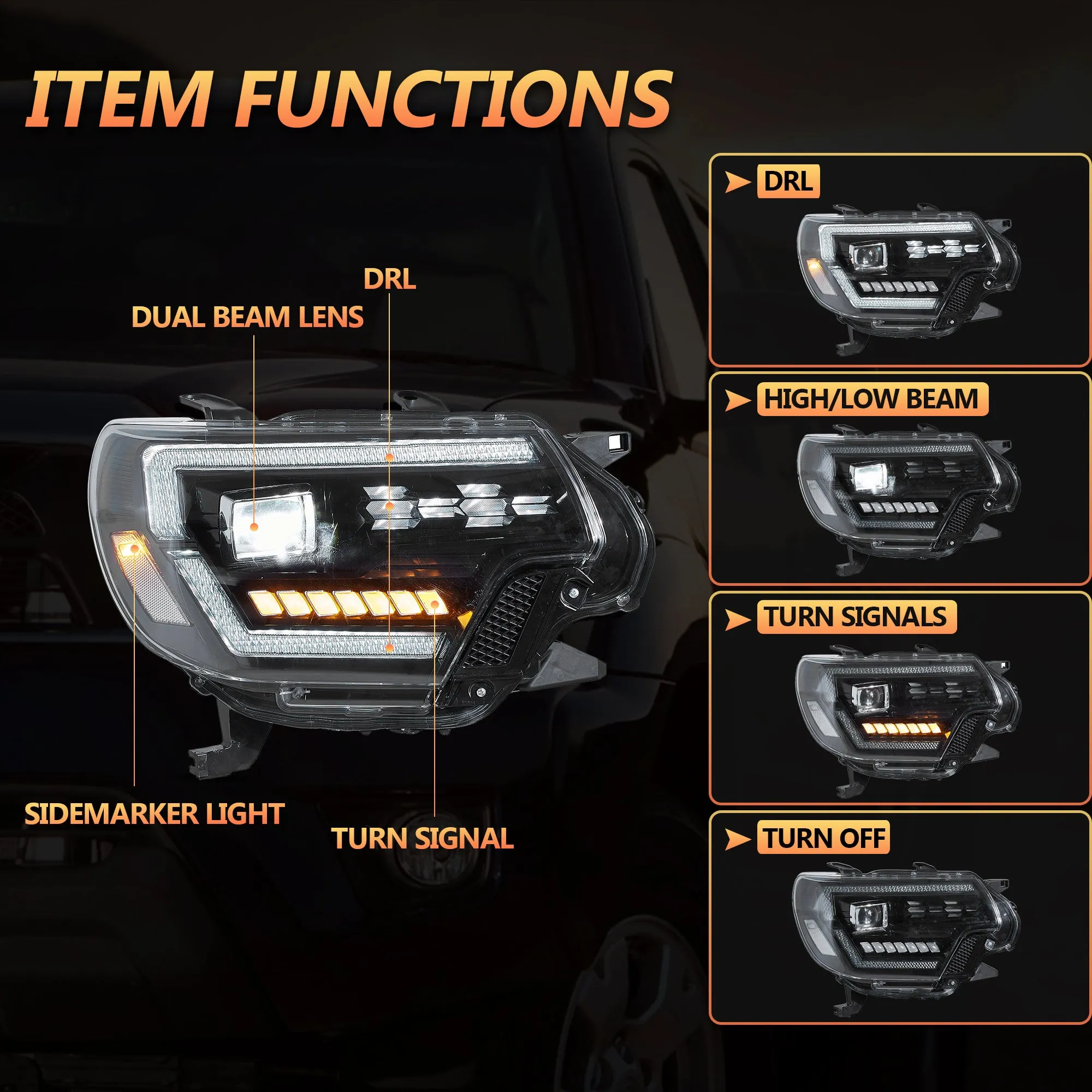 VLAND Full LED Headlights For Toyota Tacoma 2012-2015 2nd Gen Restyled With Dynamic DRL