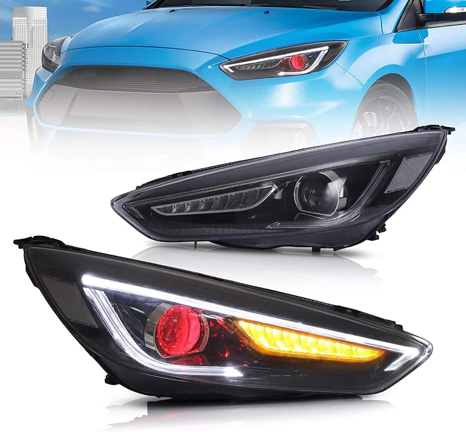 VLAND LED Demon Eye Headlights For Ford Focus 2015-2017 With Sequential Indicators Turn Signals