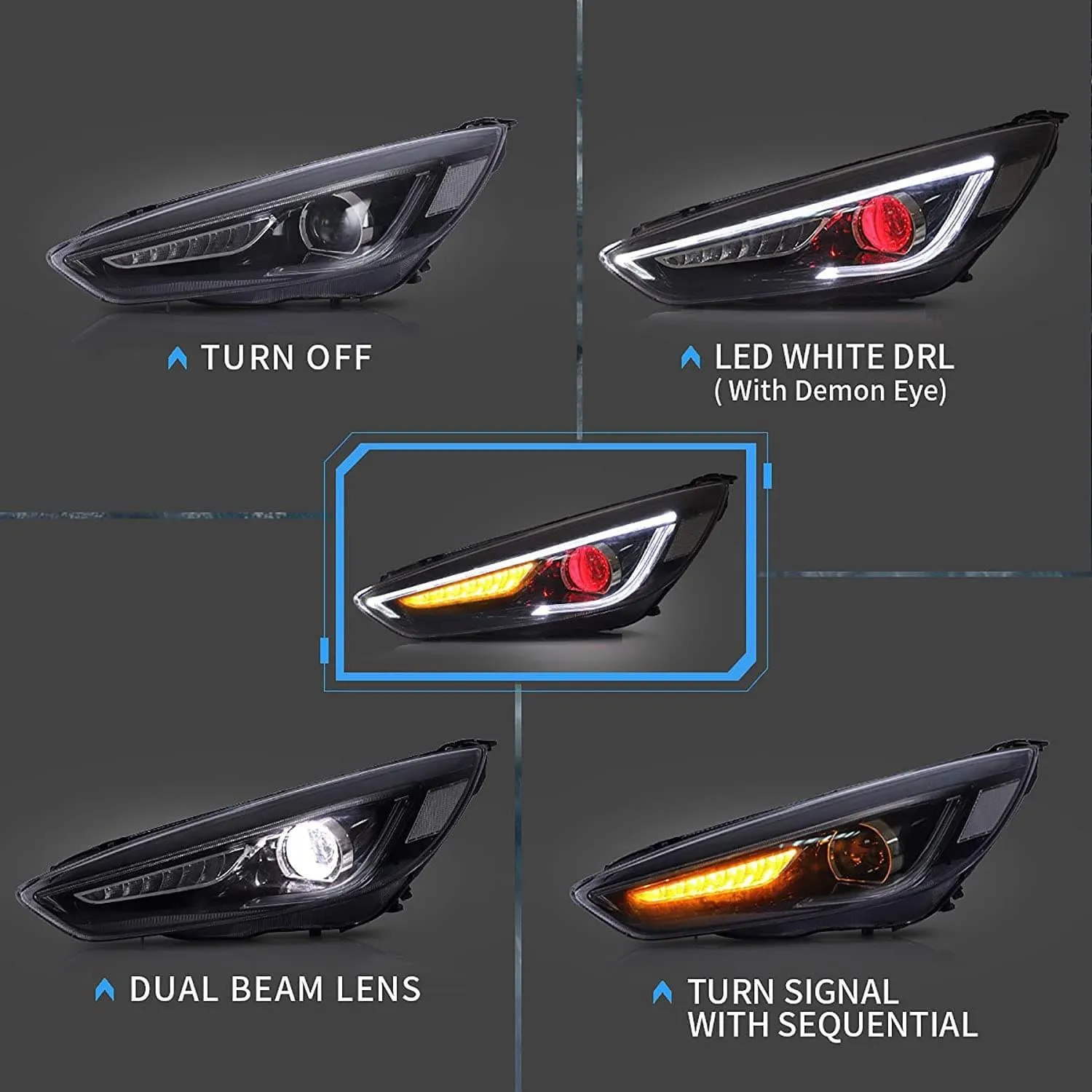 VLAND LED Demon Eye Headlights For Ford Focus 2015-2017 With Sequential Indicators Turn Signals
