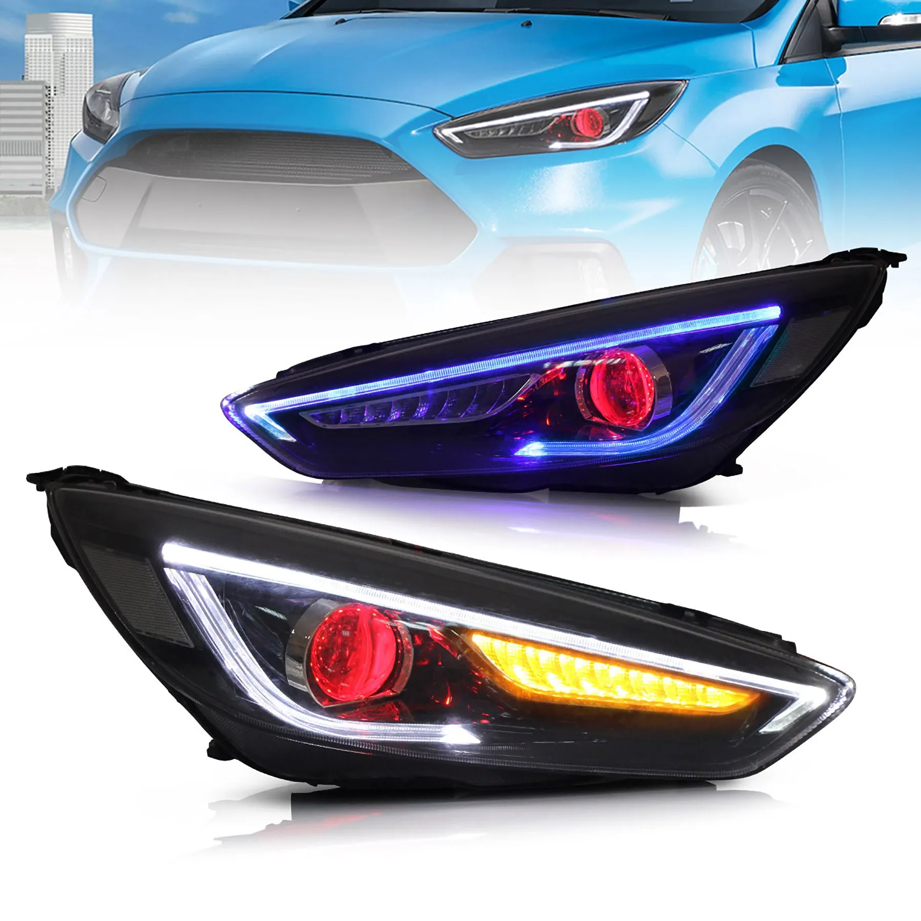 VLAND LED Demon Eye Headlights For Ford Focus 2015-2017 With Sequential Indicators Turn Signals