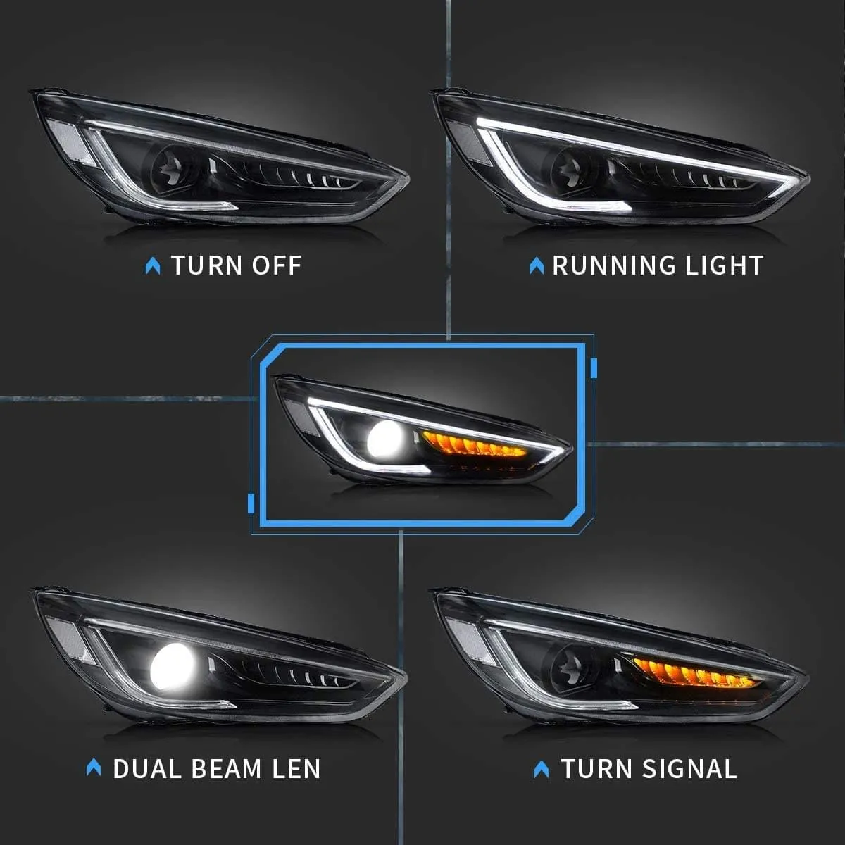 VLAND LED Demon Eye Headlights For Ford Focus 2015-2017 With Sequential Indicators Turn Signals
