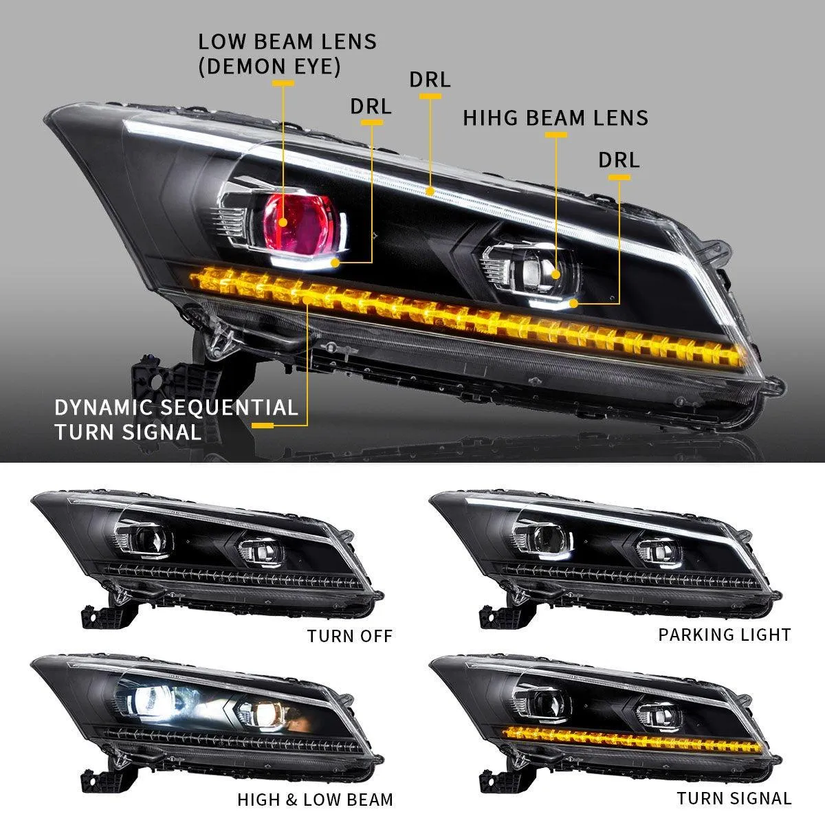 VLAND LED Demon Eye Headlights For Honda Accord 2008-2012 (NOT FOR 2-DOOR COUPE) With Sequential indicators Turn Signals