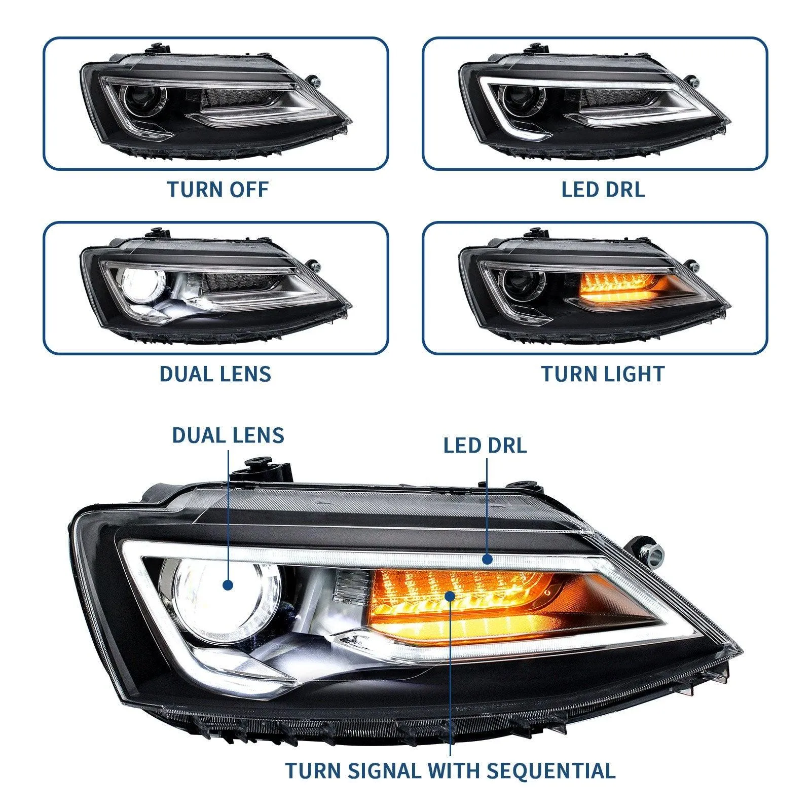 VLAND LED Headlights and Tail Lights Combo For Volkswagen Jetta MK6 2011-2014