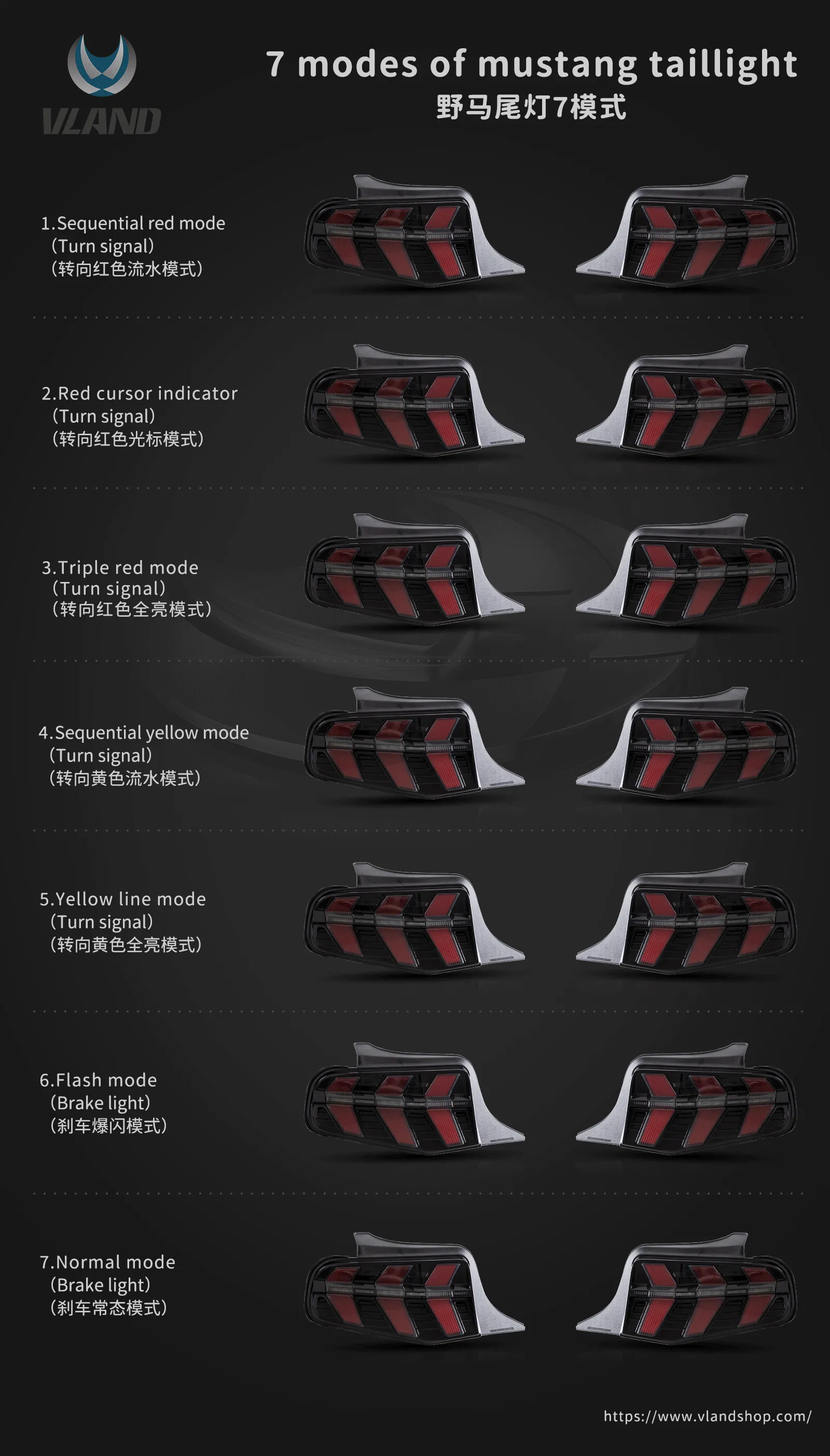 VLAND LED Tail Lights For Ford Mustang 2010-2012 With 7 Lighting Modes [DOT.]