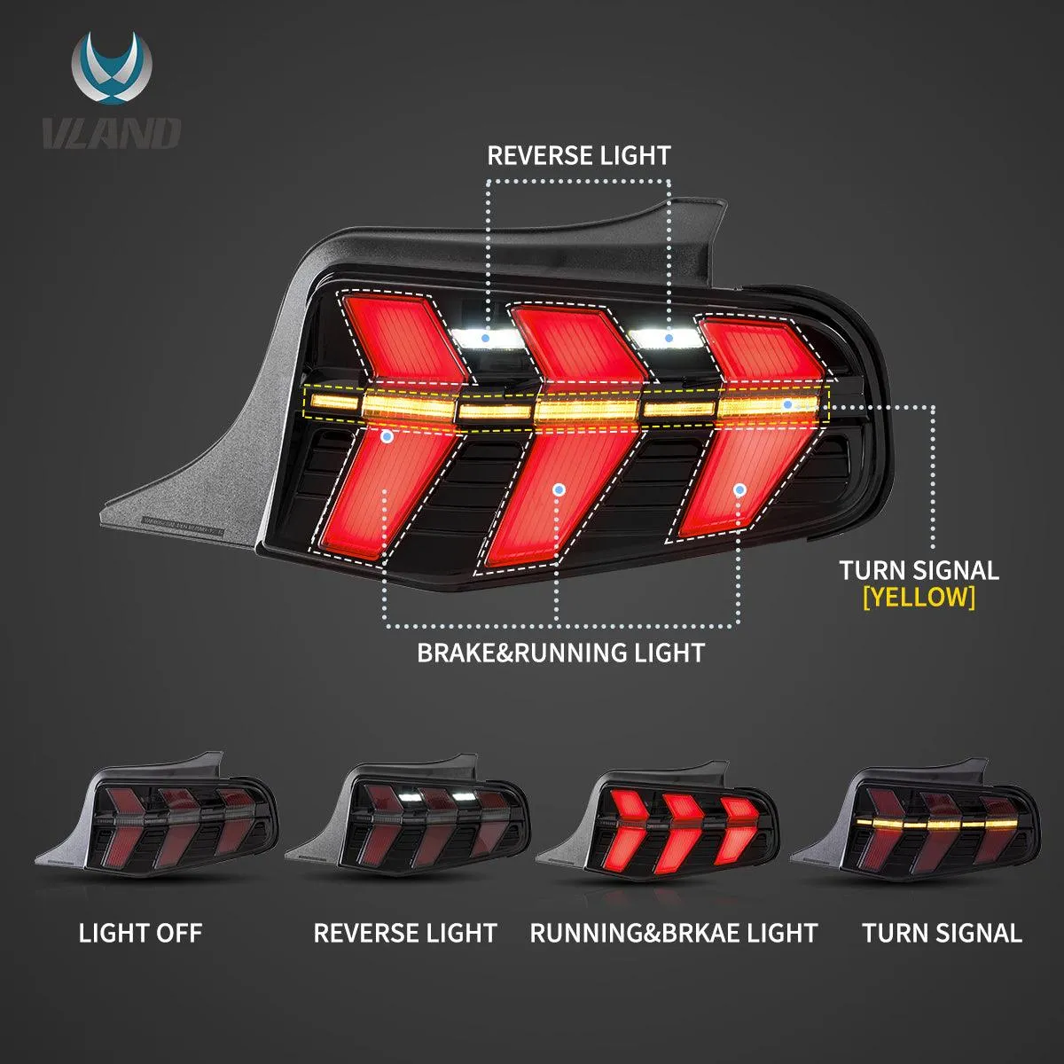 VLAND LED Tail Lights For Ford Mustang 2010-2012 With 7 Lighting Modes [DOT.]